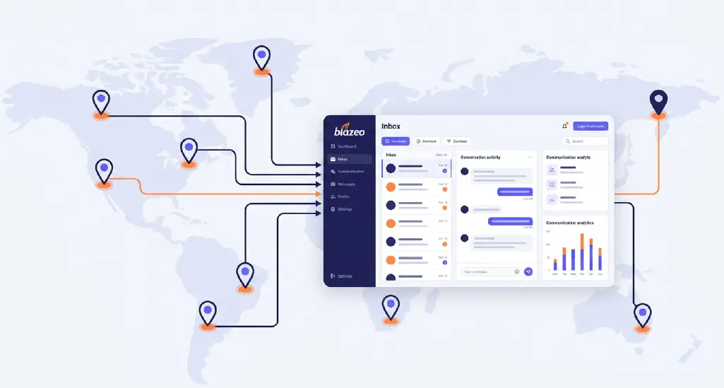 A map showing multiple business locations connected to a single centralized inbox dashboard.