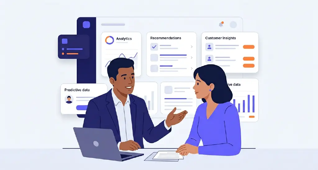 Human consultant speaking with a client while AI-powered tools provide insights in the background. 