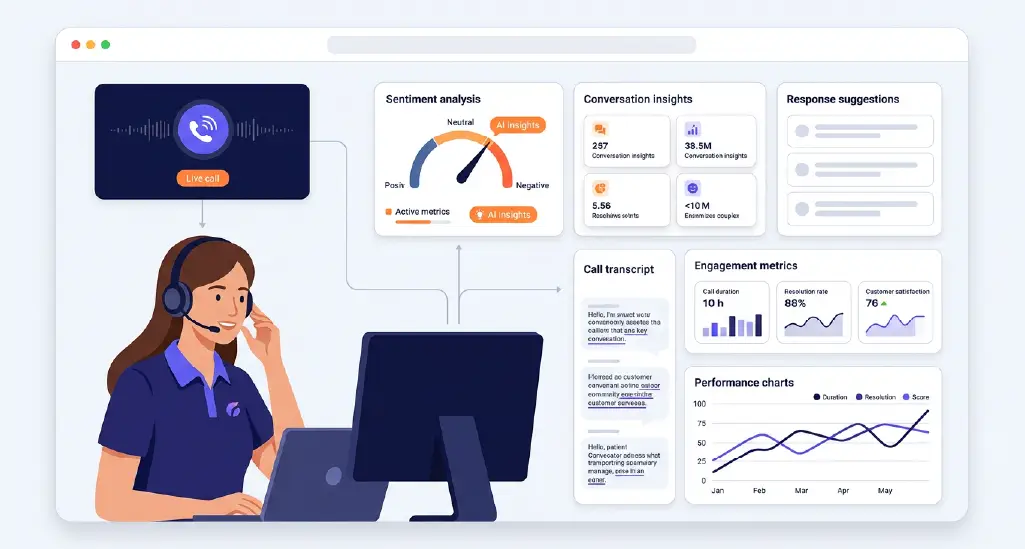 A customer service representative handling calls with AI-powered conversation analytics visualized on a dashboard. 