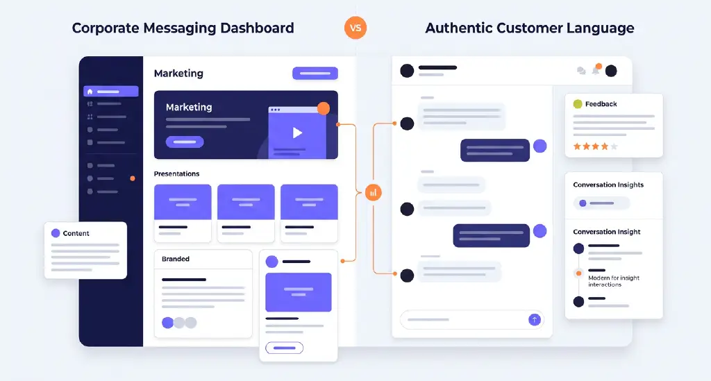 A split illustration comparing corporate messaging versus actual customer language pulled from conversations.
