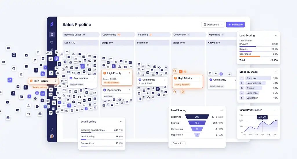 A crowded sales pipeline graphic showing hundreds of incoming leads with only a few highlighted as high-priority opportunities.