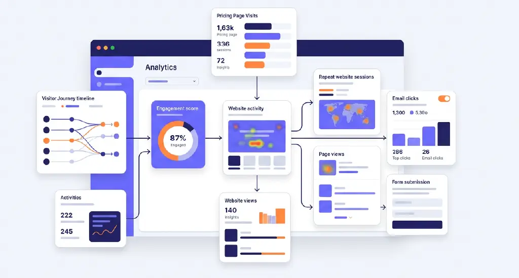 A dashboard visualizing customer behavior signals such as pricing page visits, repeat website sessions, email engagement, and form submissions.