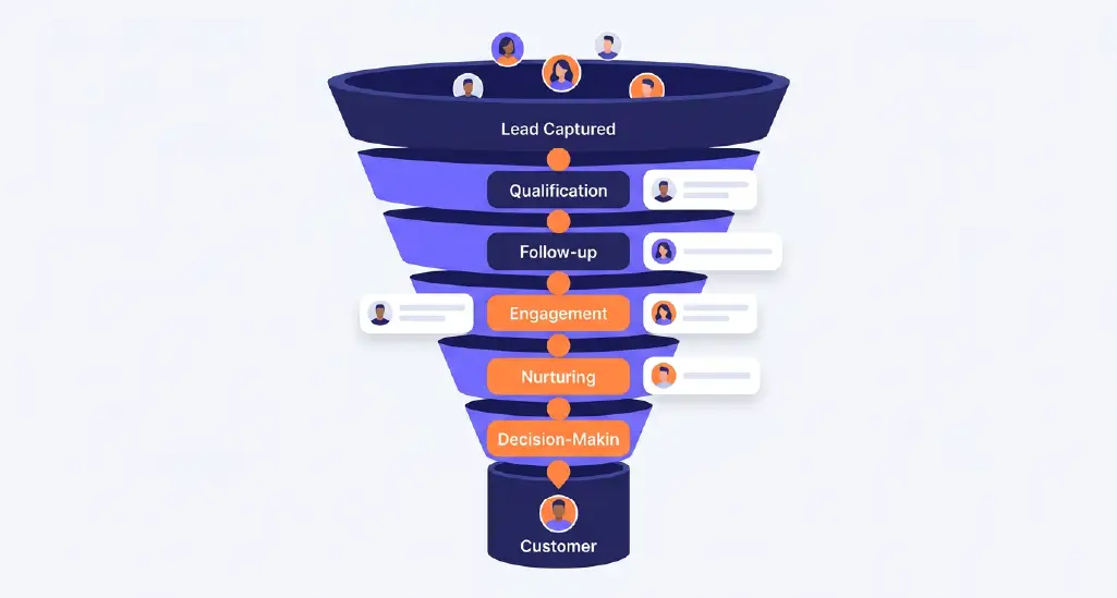 A modern sales funnel illustration highlighting the often-overlooked stages between "Lead Captured" and "Customer."
