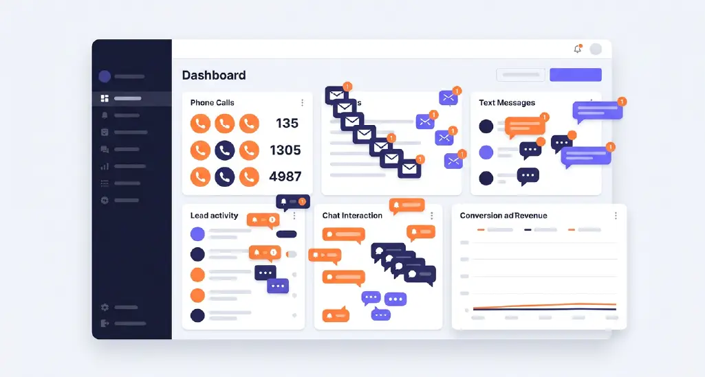 Show a sales dashboard overflowing with calls, emails, texts, and activity counters while a smaller revenue/conversion graph remains flat. This immediately visualizes the central tension of the article.