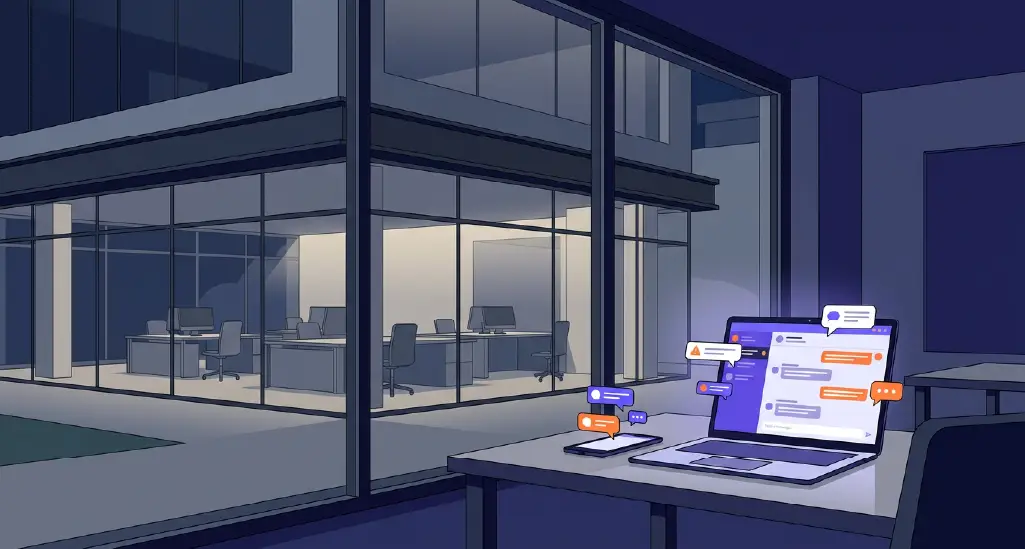 A modern business at night with a phone/laptop showing active customer conversations while the physical workspace is empty. Avoid the cliché headset-agent image.