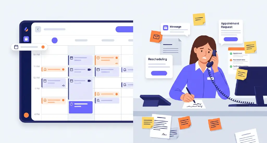 A split-screen visual: a perfectly packed digital calendar on one side and an overwhelmed receptionist juggling calls, messages, rescheduling, and confirmations on the other. This reinforces the blog's central argument immediately.