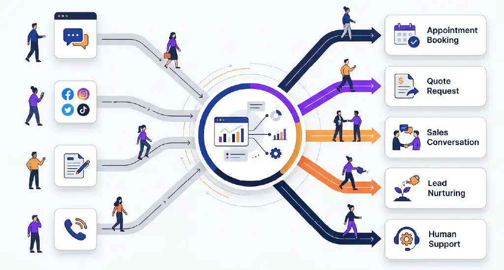 Several customers entering through website chat, social media, forms, and phone inquiries, then branching toward different actions such as “Call Now,” “Schedule,” “Nurture,” “Qualify,” and “Human Support.” This should visually establish the central argument of the article.