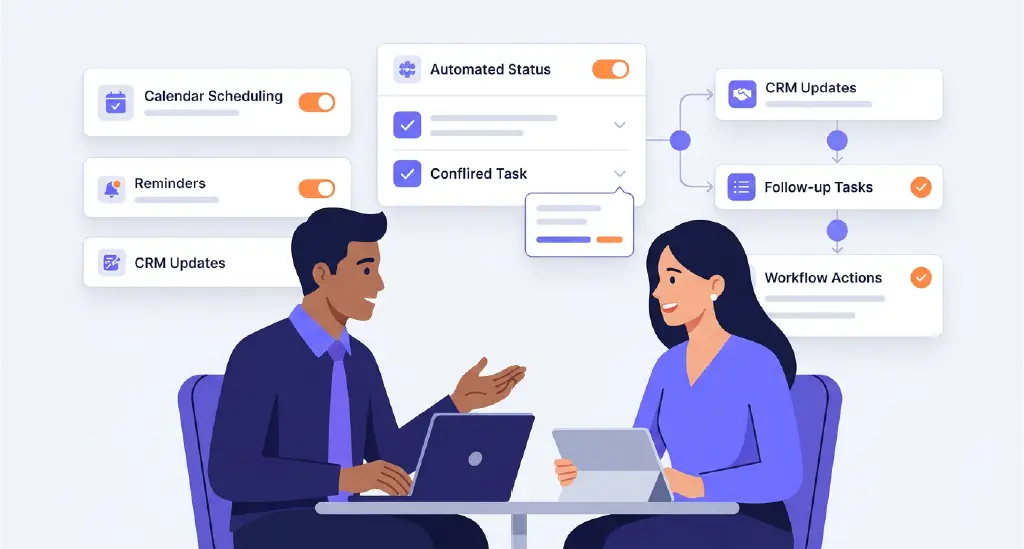 Employee speaking with a customer while an automation system quietly handles reminders, CRM updates, scheduling, and tasks in the background.