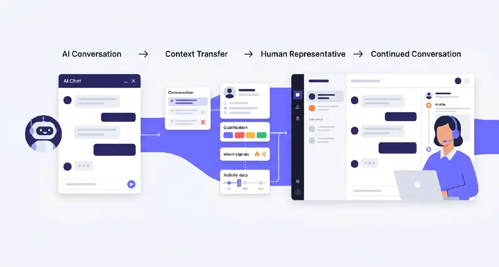 A visual showing an AI/chat interaction being handed to a human representative with the full conversation history and qualification details travelling with the customer.