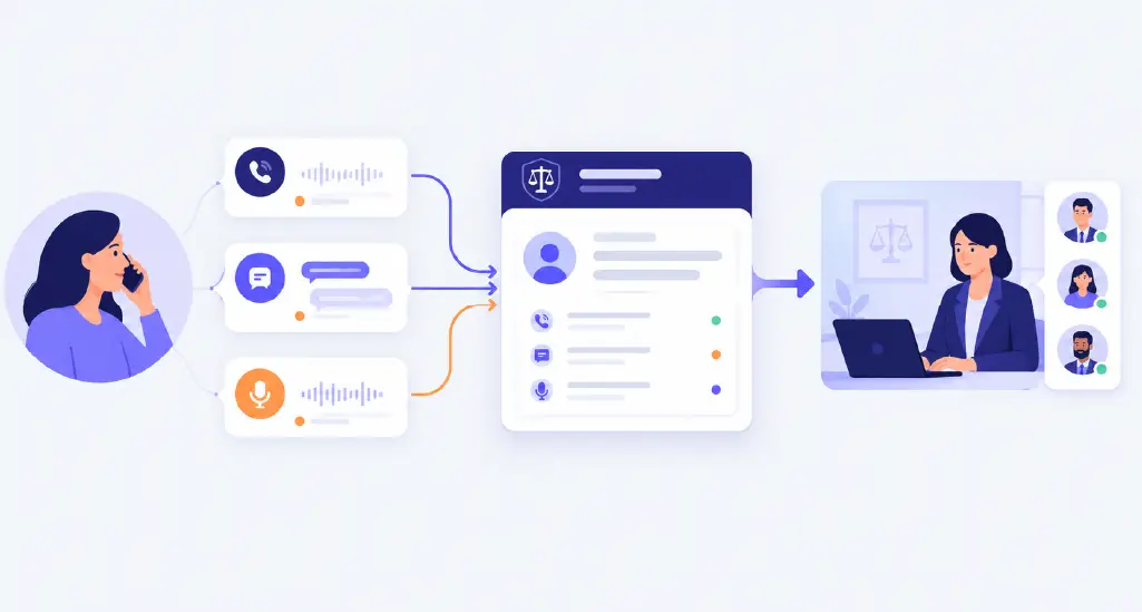 A prospective client reaching a law firm through several channels—telephone, web chat, and Voice AI—with those channels converging into a single controlled intake system.